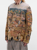 Three-quarter worn
Junya Watanabe Man Distressed Cityscape Knit Jacket in beige shown at an angle with tailored fit