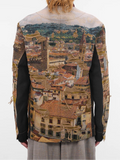 Back worn
Junya Watanabe Man Distressed Cityscape Knit Jacket in beige shown from the back with contrast side panels