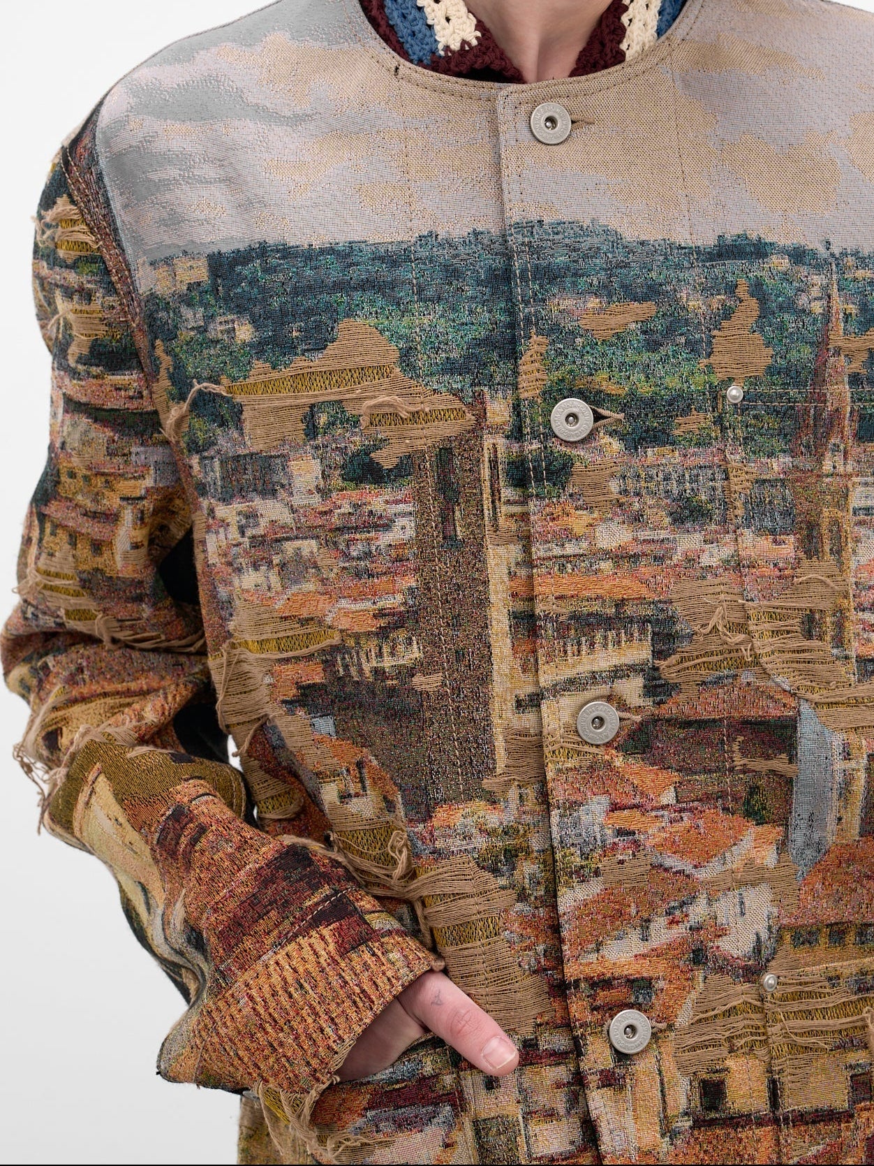 Detail image
Junya Watanabe Man Distressed Cityscape Knit Jacket in beige with distressed cityscape jacquard and crochet stand collar