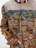 Detail image
Junya Watanabe Man Distressed Cityscape Knit Jacket in beige with distressed cityscape jacquard and crochet stand collar