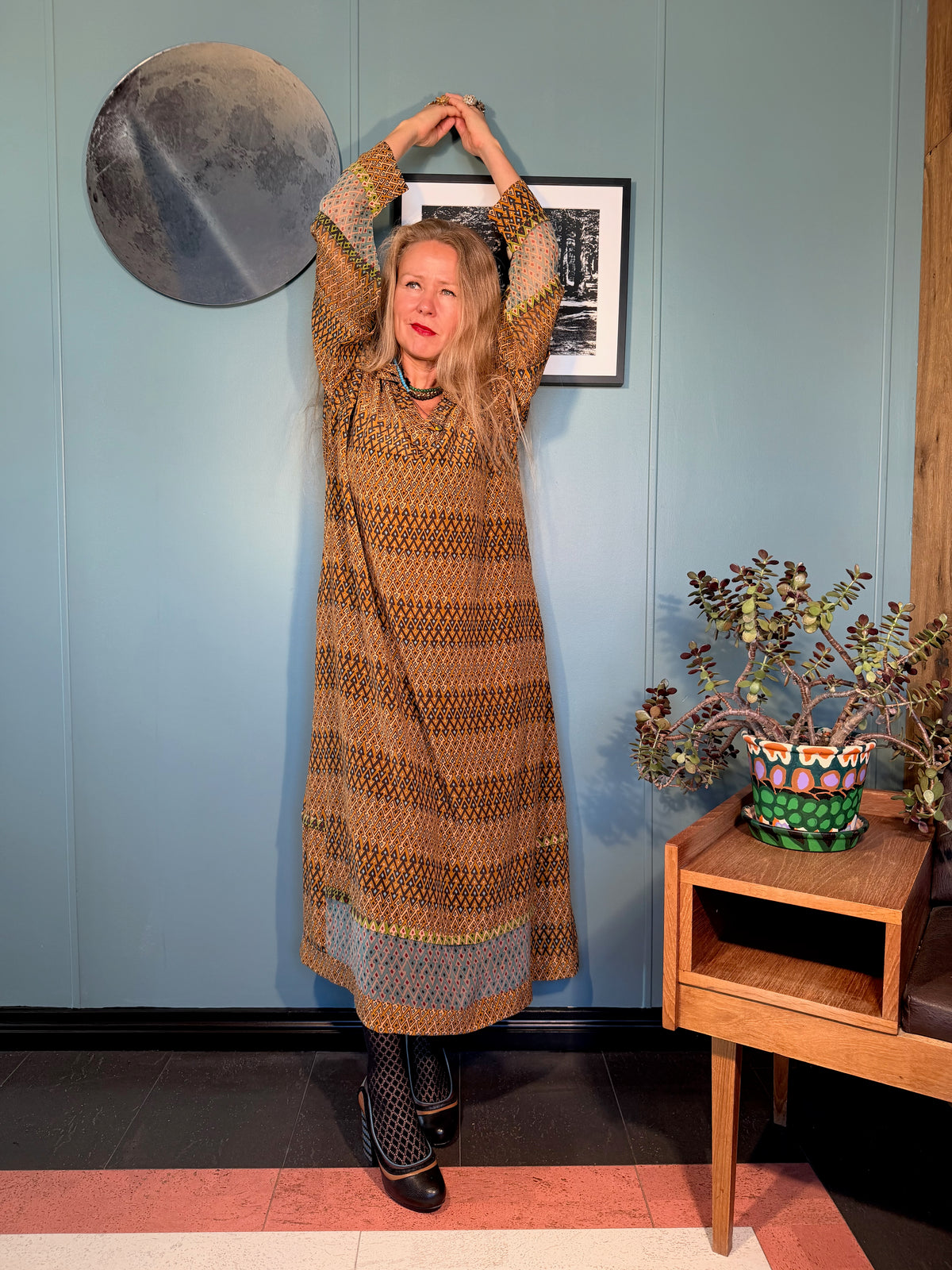 Full-length view of Kron by Kronkron Andrilla silk dress in Sporrof Brown & Blue with flowing A-line shape and semi-sheer blue panels