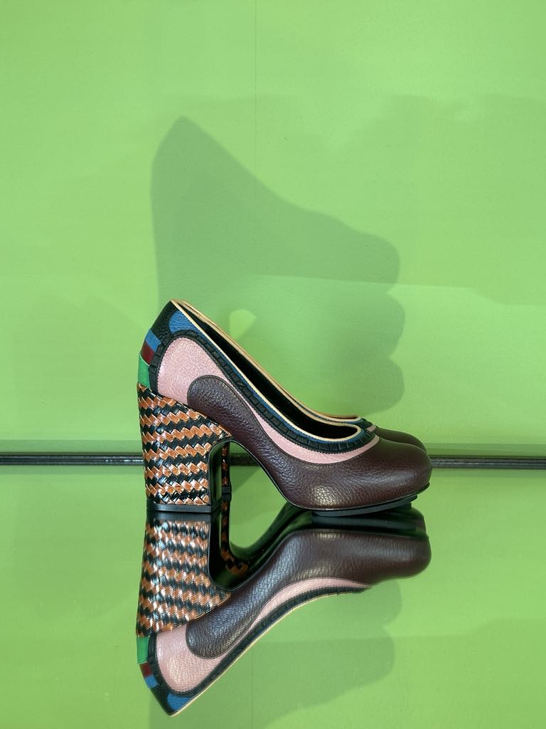 Designer women’s statement heels with cork and patent leather details, round toe