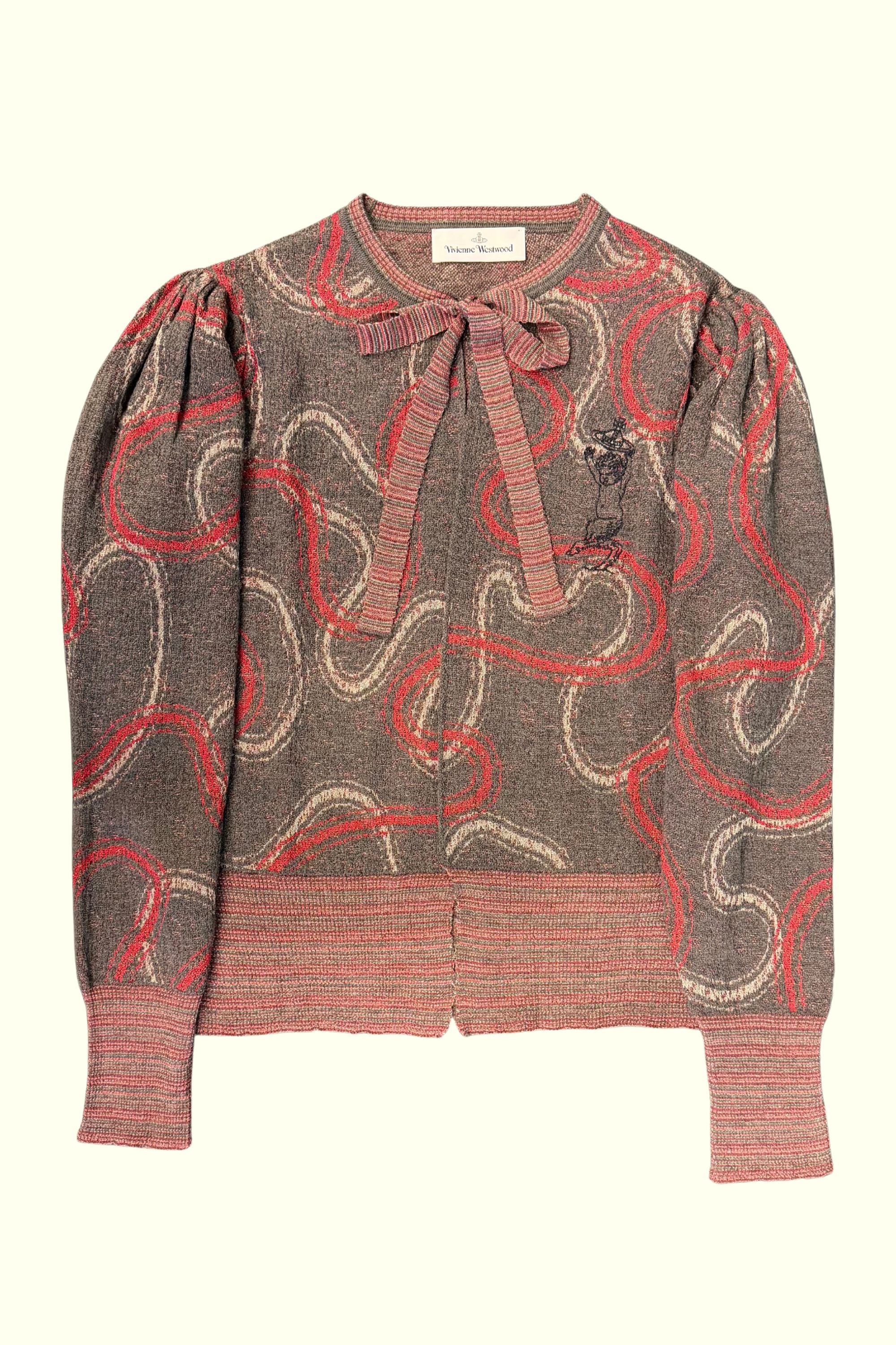 Vivienne Westwood Cutlass Cardi in Grey Stone Red shown on hanger with knitted neck tie