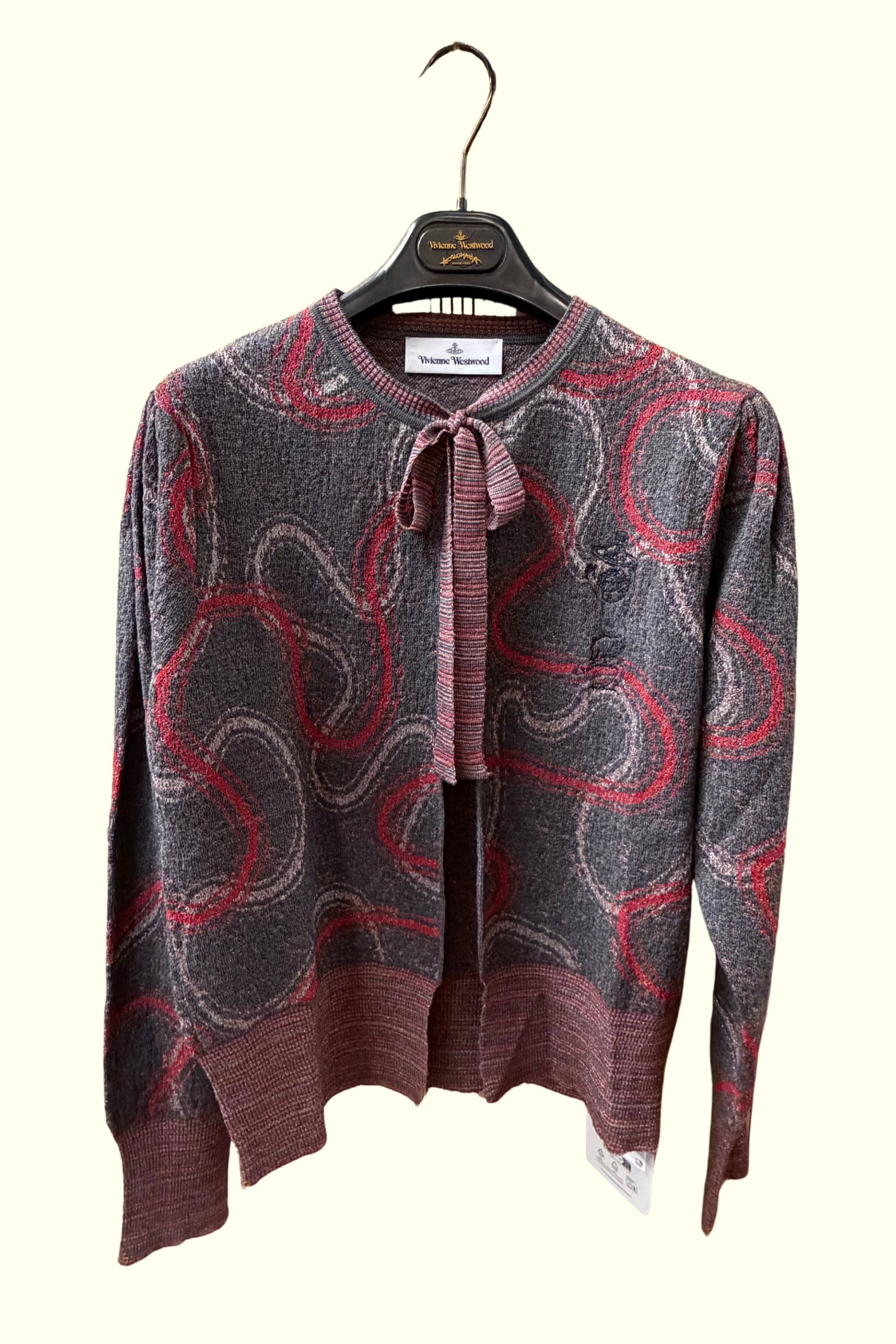 Front product view of Vivienne Westwood Cutlass Cardi in Grey Stone Red patterned knit
