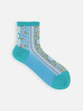 Tabio Sicilian Pattern Low Crew Socks in blue with delicate multicolour floral and border pattern