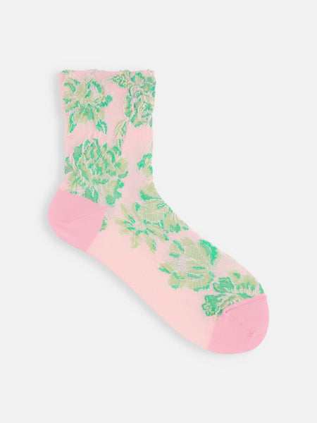 Tabio Float Flowers Low Crew Socks in pink with large green floral pattern and ankle-length shape