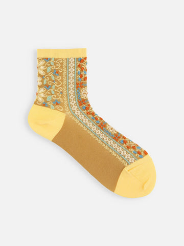 Tabio Sicilian Pattern Low Crew Socks in yellow with delicate floral-inspired pattern in blue and orange
