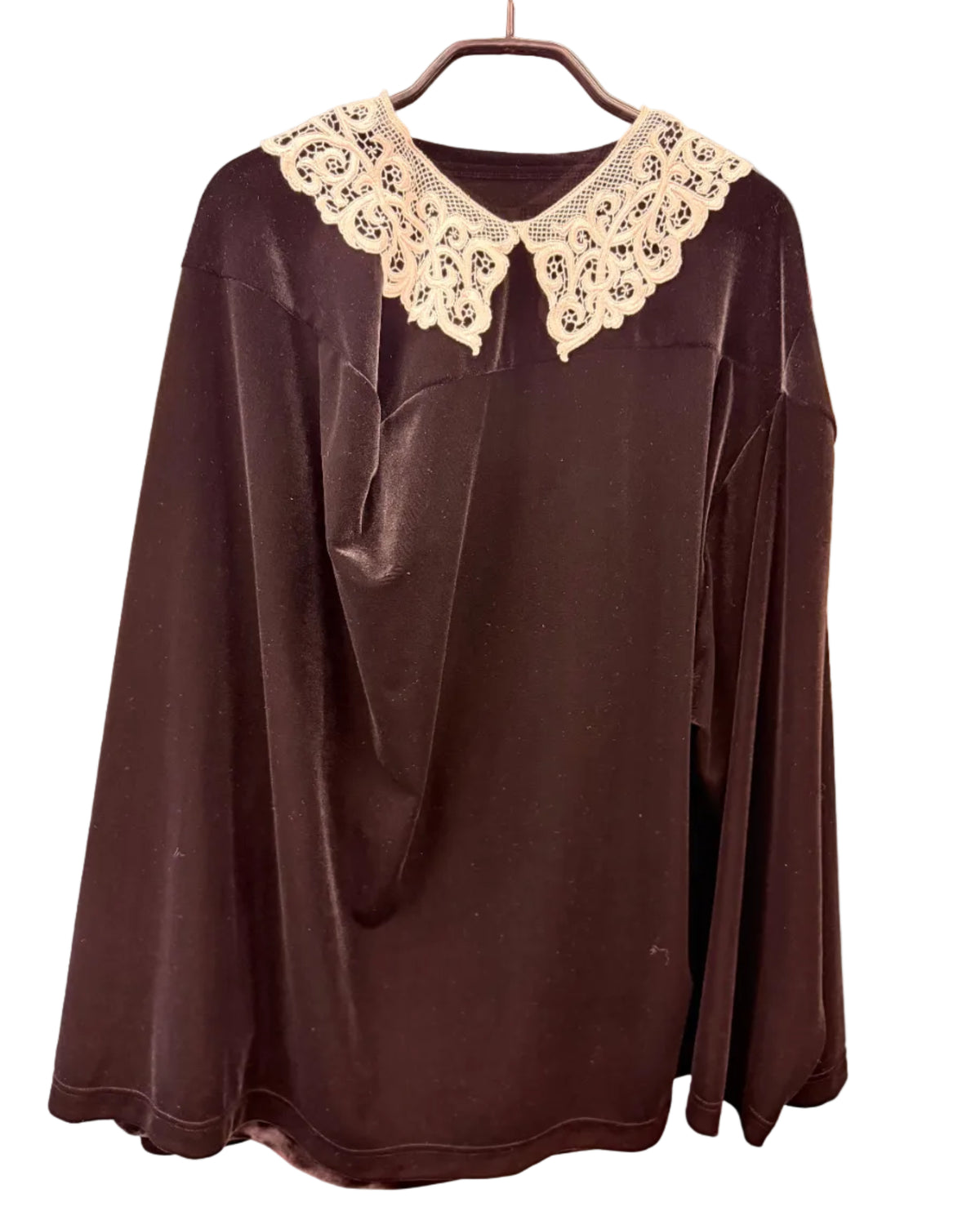 Back view of Junya Watanabe black long-sleeve top with contrast lace collar