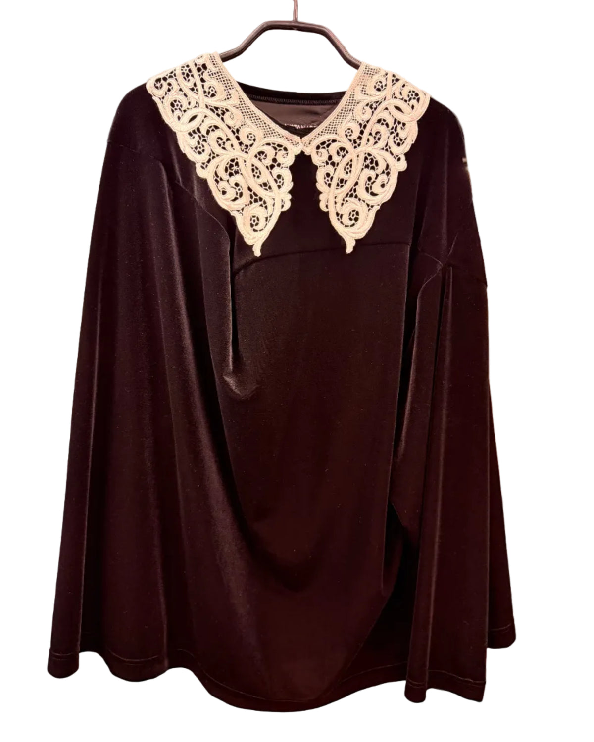 Front view of Junya Watanabe black velvet-effect top with oversized ivory lace collar