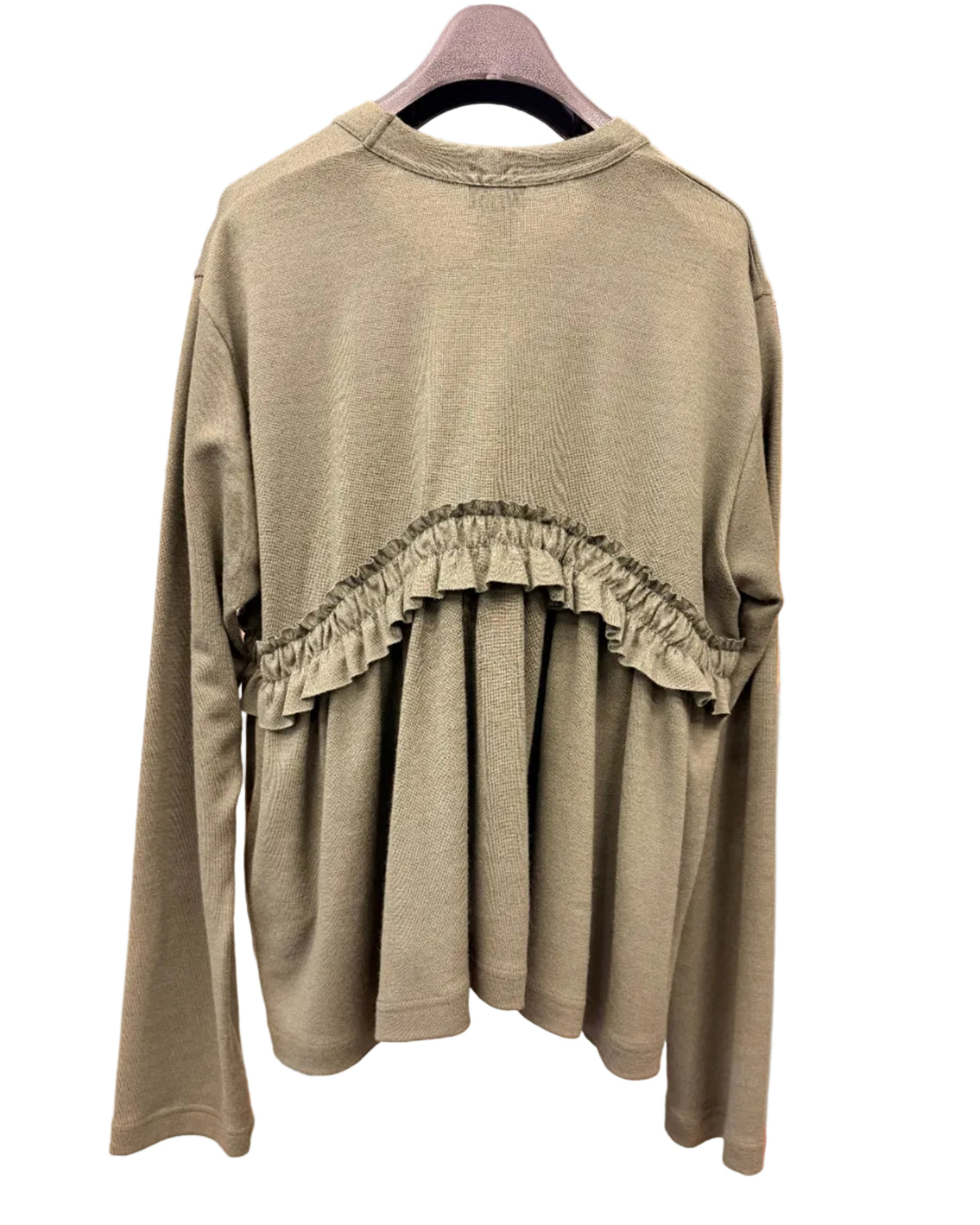 Back view of noir kei ninomiya khaki green wool top with curved gathered ruffle panel