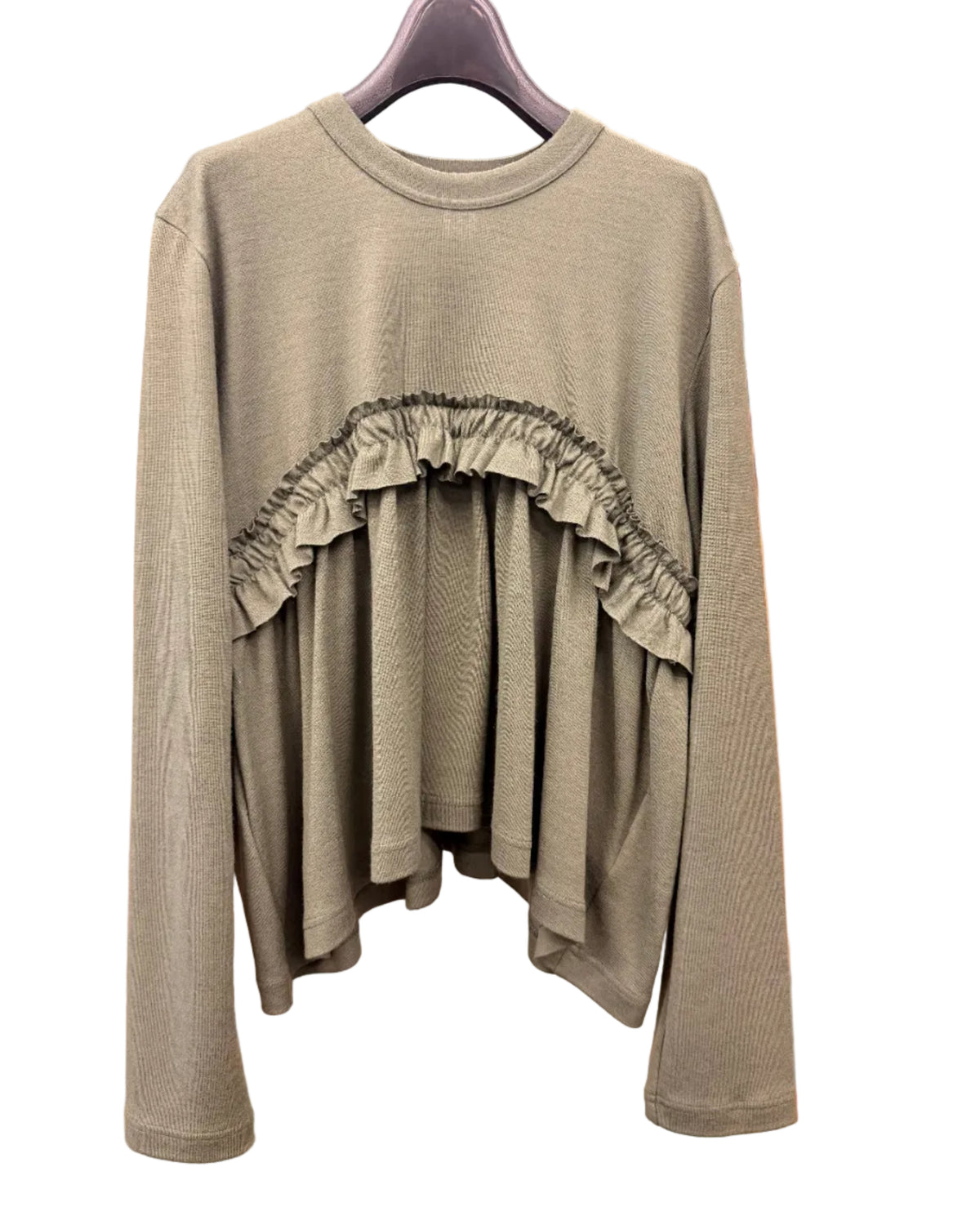 Front view of noir kei ninomiya khaki green long-sleeve wool top with sculptural ruffle detail