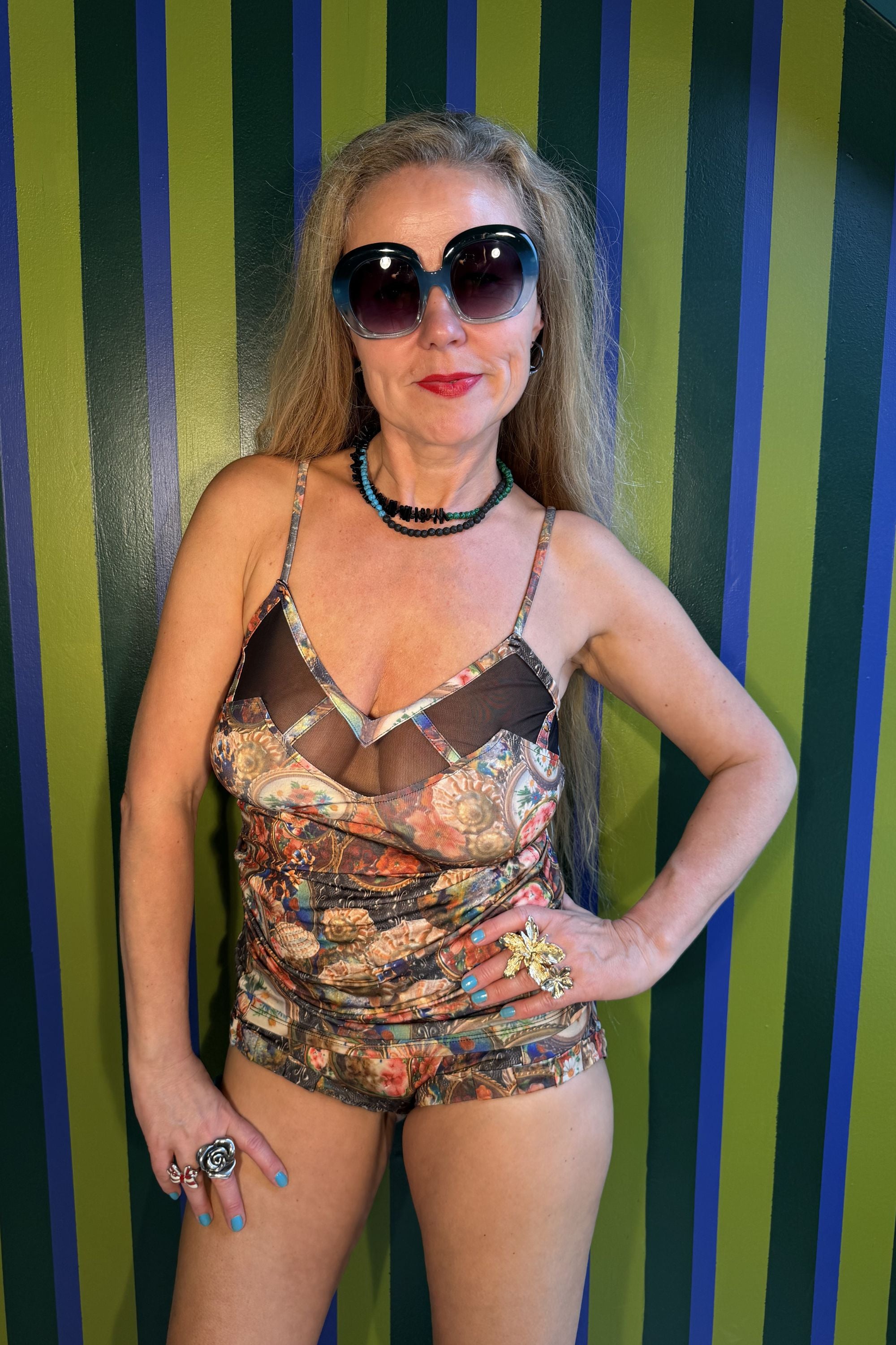 Front view of Kron by Kronkron Norma Bikini Top in Treasurehunt with slim straps and matching printed swim bottoms