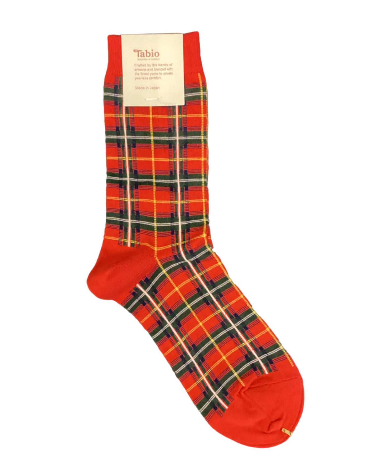 Tabio High Gauge Check Crew Socks in Red with green navy yellow and white tartan pattern